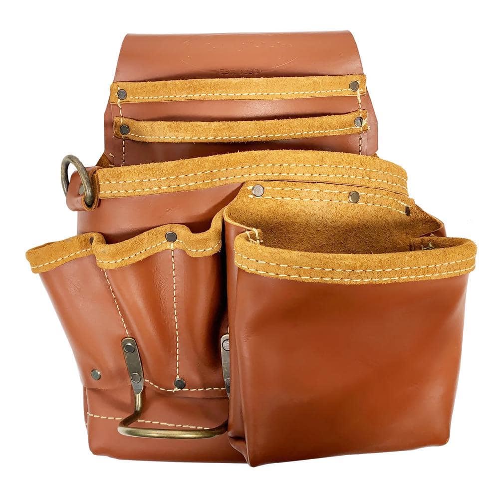 Leather tool pouch with multiple reinforced pockets, contrast stitching, and a metal loop for carrying accessories.