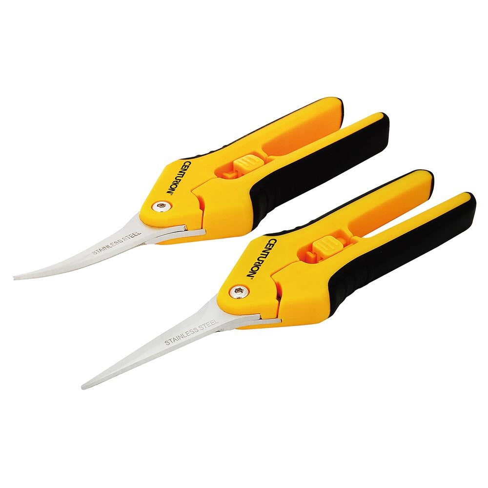 Pair of Centurion pruning shears with yellow and black ergonomic handles and curved stainless steel blades.