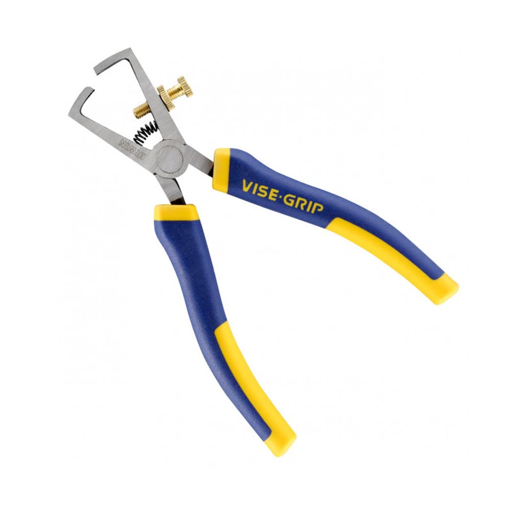 Vise-Grip tool with angled metal jaws, adjustable brass screw, and spring-loaded mechanism between arms