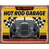 Retro-style "Hot Rod Garage" sign featuring a classic hot rod car with checkered flags in the background.