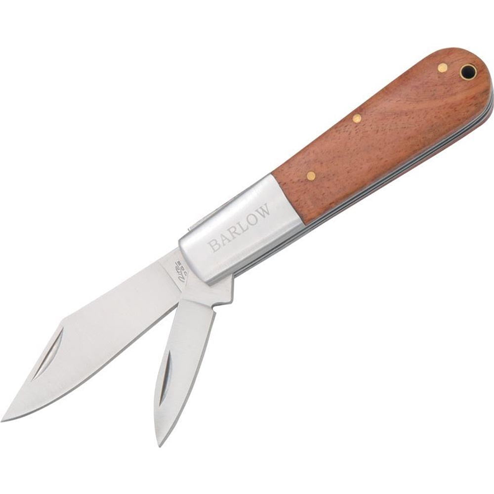 Barlow folding knife with two stainless steel blades, engraved bolster, and riveted wood grain handle