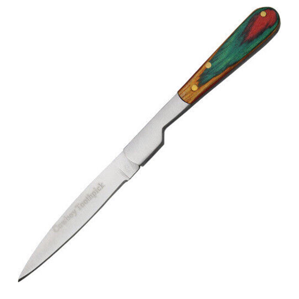 Folding knife with a slim, stainless steel blade and a multicolored wooden handle featuring brass rivets.