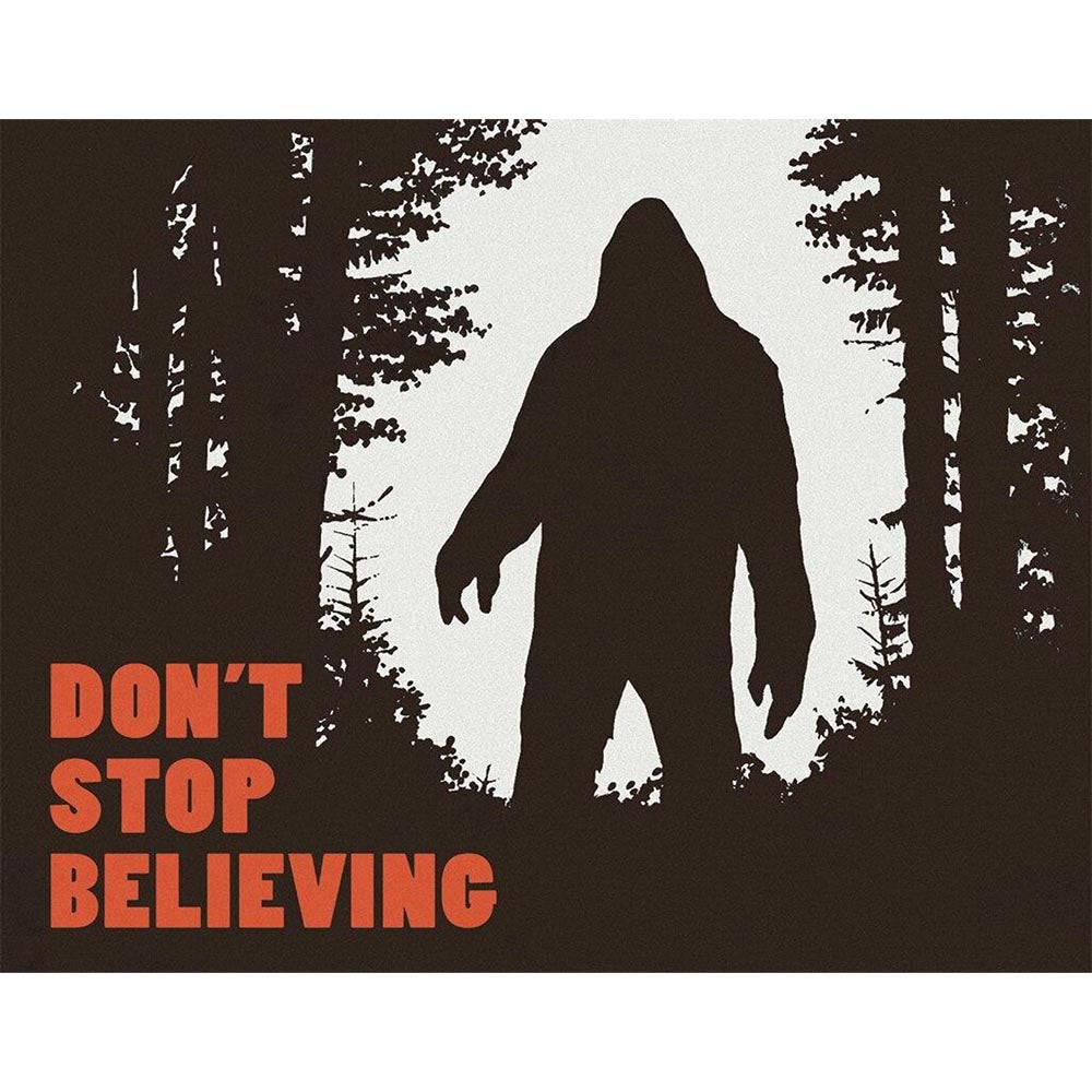 Silhouette of Bigfoot in a forest with the phrase "Don't Stop Believing" in bold letters at the bottom.