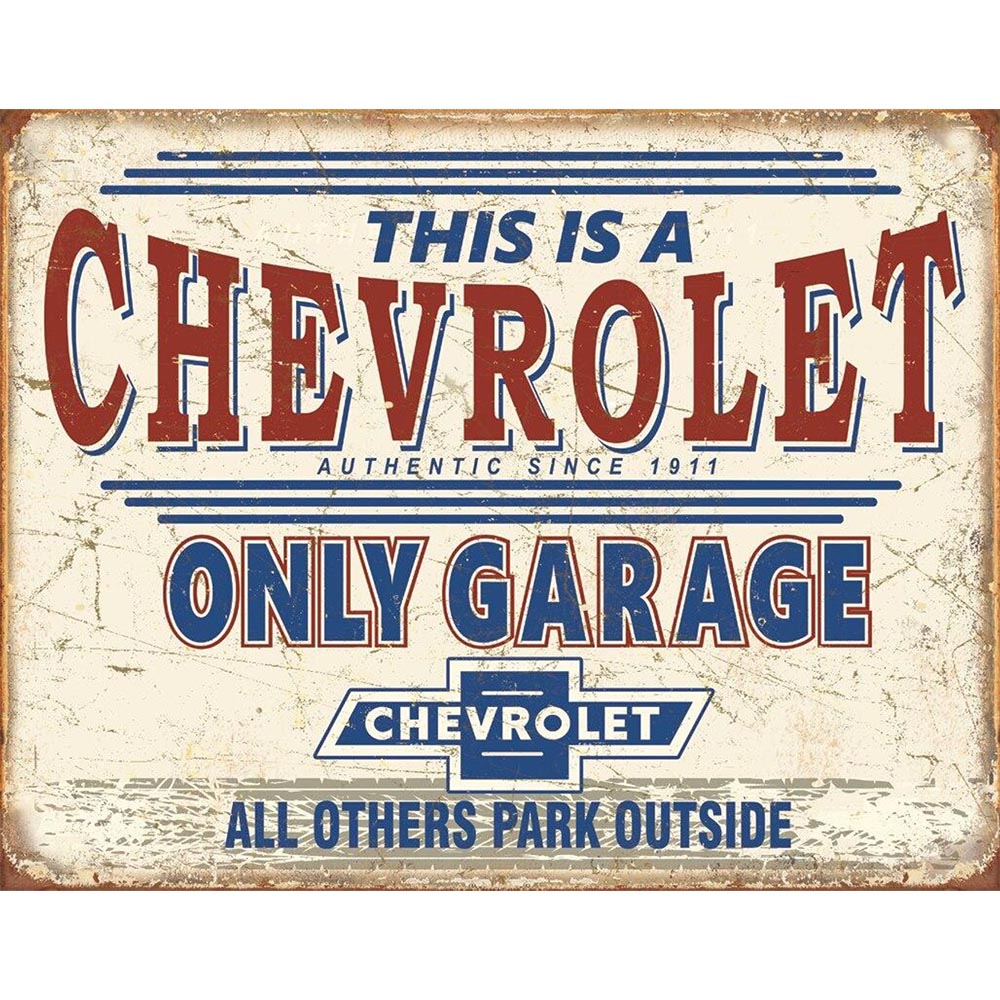 Vintage-style Chevrolet garage sign with distressed edges, large bold text, and a prominent Chevy logo.