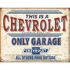 Vintage-style Chevrolet garage sign with distressed edges, large bold text, and a prominent Chevy logo.