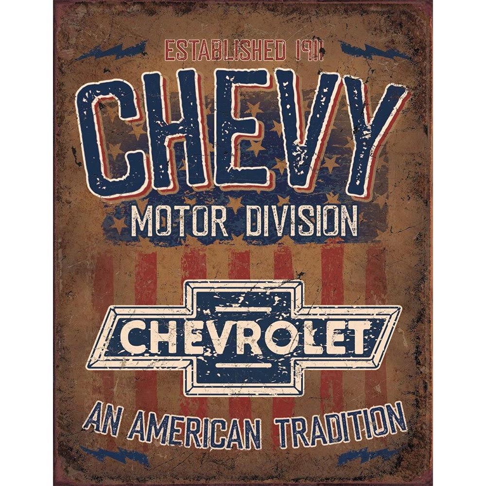 Rustic sign featuring "Chevy Motor Division" with a Chevrolet logo and an American flag-themed background.