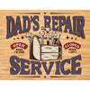 "Dad's Repair Service" sign featuring a vintage-style toolbox illustration and playful text about opening hours.