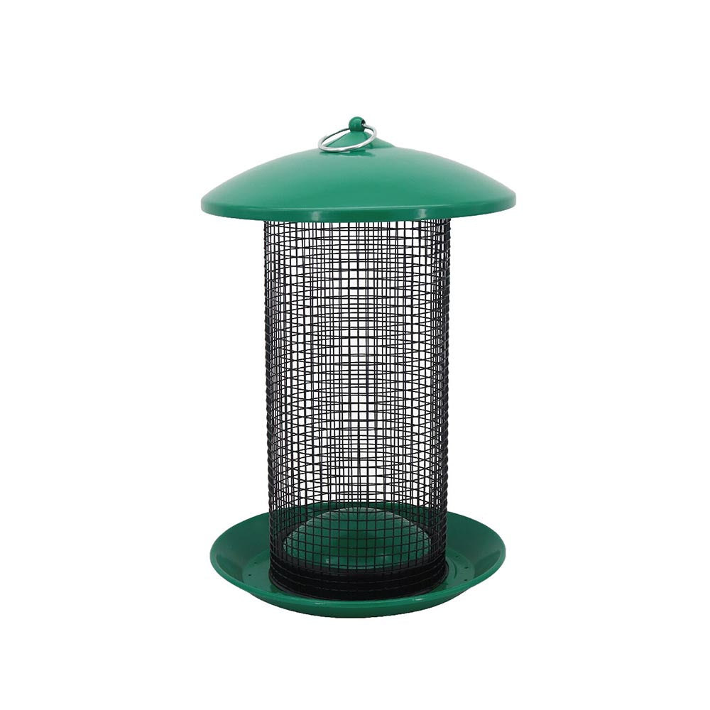 Cylindrical bird feeder with black metal mesh body, domed top lid, and wide circular base for perching