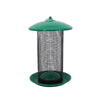 Cylindrical bird feeder with black metal mesh body, domed top lid, and wide circular base for perching