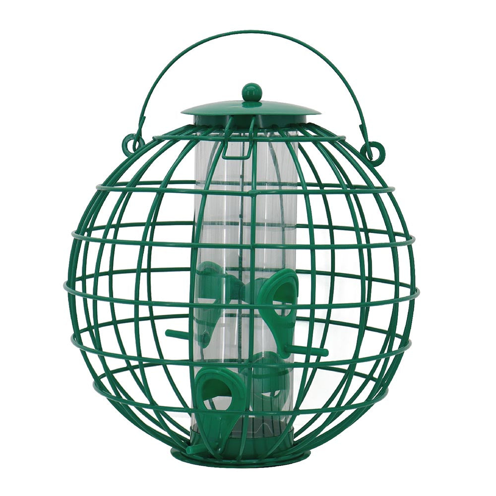 Green spherical bird feeder with a wire cage surrounding a clear cylindrical tube and a top handle for hanging.