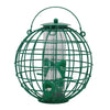 Green spherical bird feeder with a wire cage surrounding a clear cylindrical tube and a top handle for hanging.