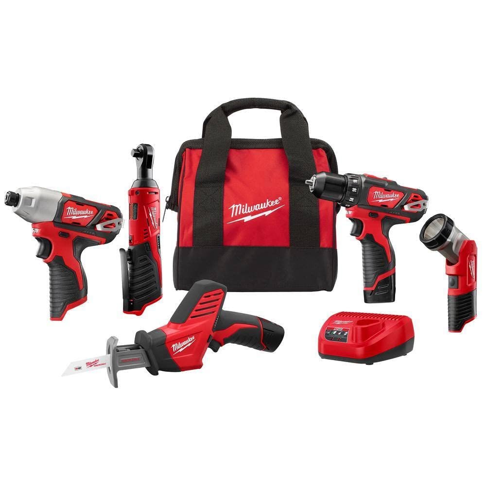 Milwaukee tool set with drill, impact driver, reciprocating saw, ratchet, flashlight, charger, and tool bag.