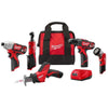 Milwaukee tool set with drill, impact driver, reciprocating saw, ratchet, flashlight, charger, and tool bag.