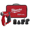 Milwaukee M12 FUEL installation drill kit with a compact drill, multiple interchangeable heads, and a soft carrying case.