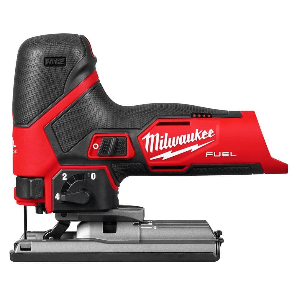 A Milwaukee M12 Fuel cordless jigsaw in red and black, featuring a compact and ergonomic design with a variable speed dial and precision cutting capabilities.