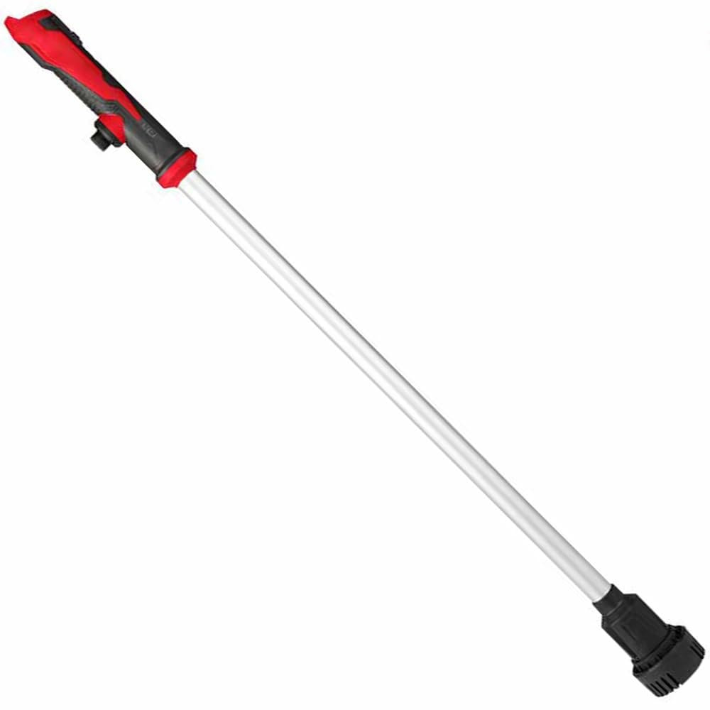 Milwaukee stick pump with long silver shaft, contoured red handle, and ribbed flange at the base