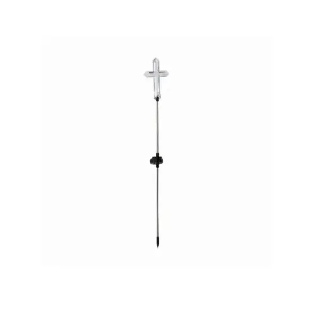 Tall steel memorial stake featuring narrow shaft, plastic fastener, and molded translucent cross at upper end