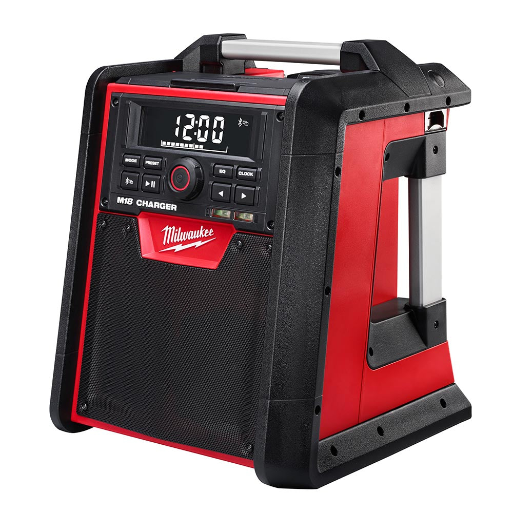 Milwaukee M18 radio with digital display, front-facing speaker grill, and rugged housing with side handles