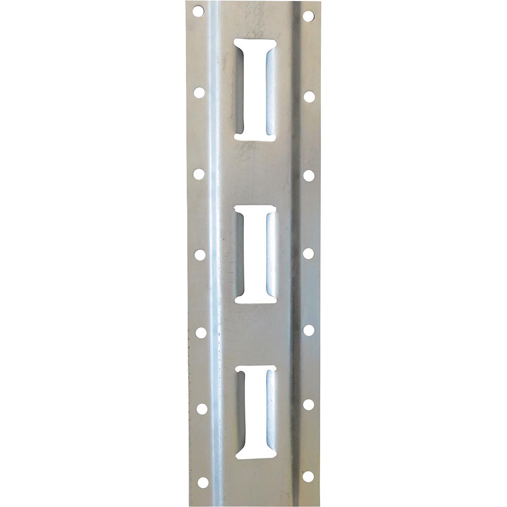 Metal E-track rail section with evenly spaced oval cutouts and circular mounting holes along the edges.