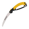 Centurion folding hand saw with a curved stainless steel blade and ergonomic yellow and black handle.