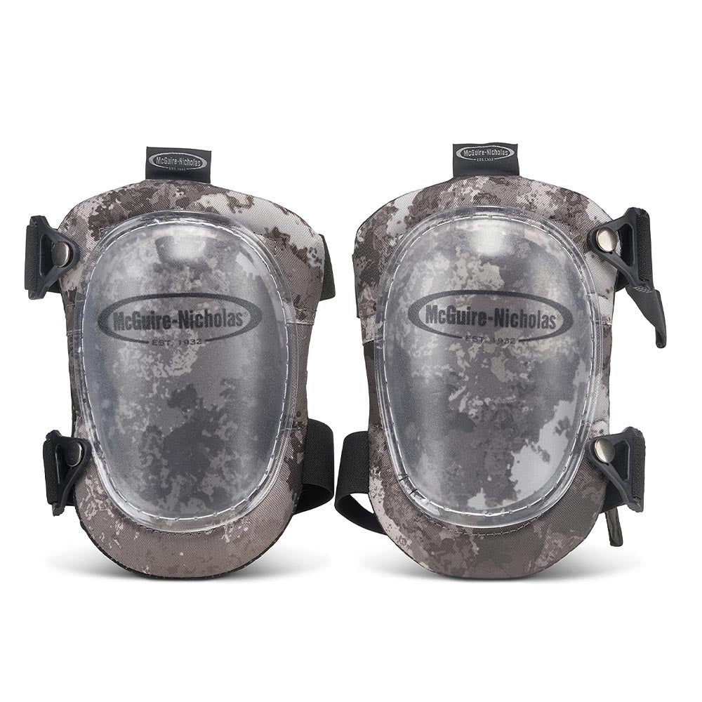 McGuire-Nicholas camo gel knee pads with clear protective caps and adjustable straps for heavy-duty work protection
