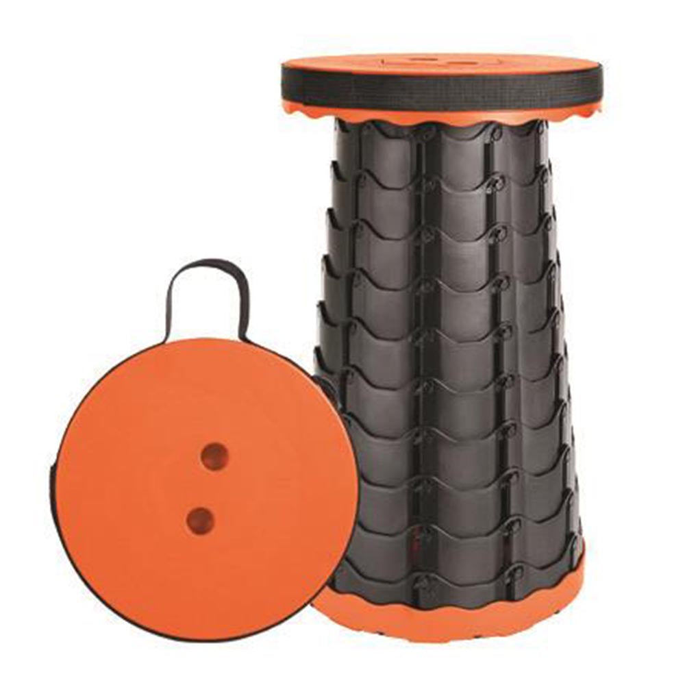 Collapsible stool with a round orange top, black telescoping body, and a detached base with a carrying strap.