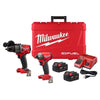 Milwaukee M18 Fuel cordless combo kit with hammer drill, impact driver, two batteries, charger, and hard carrying case for comprehensive tool needs.