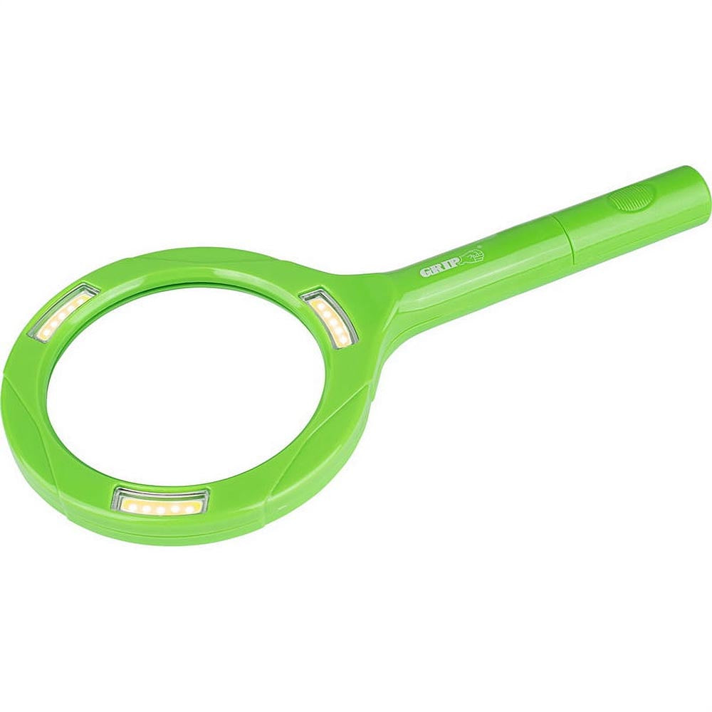 Green handheld magnifying glass with built-in LED lights around the lens for enhanced visibility.