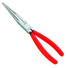 Knipex long nose pliers with polished steel jaws and bright red handles, ideal for precision work.