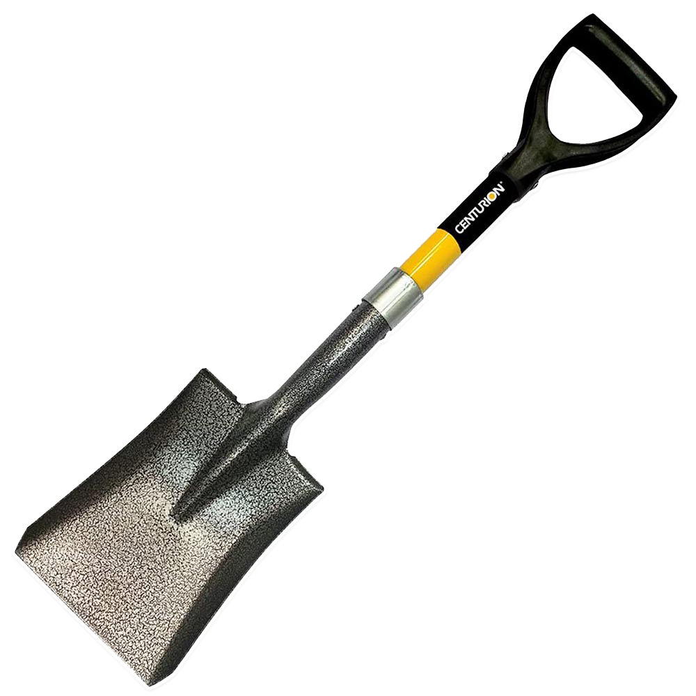 A sturdy black and yellow shovel with a D-handle, broad flat blade, and the brand name "Centurion" printed on the handle.