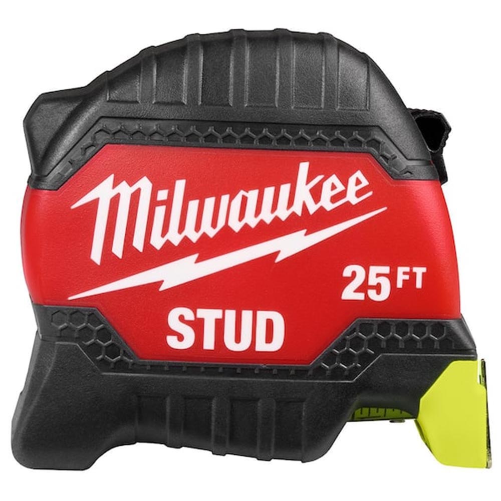Milwaukee 25FT tape measure with bold hex-grip shell, molded rubber base, and bright end hook detail