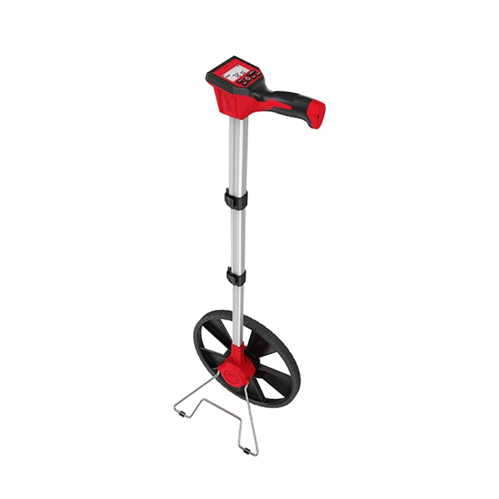 Measuring wheel with large black spoke wheel, silver telescoping shaft, and angled red digital handle