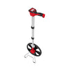 Measuring wheel with large black spoke wheel, silver telescoping shaft, and angled red digital handle