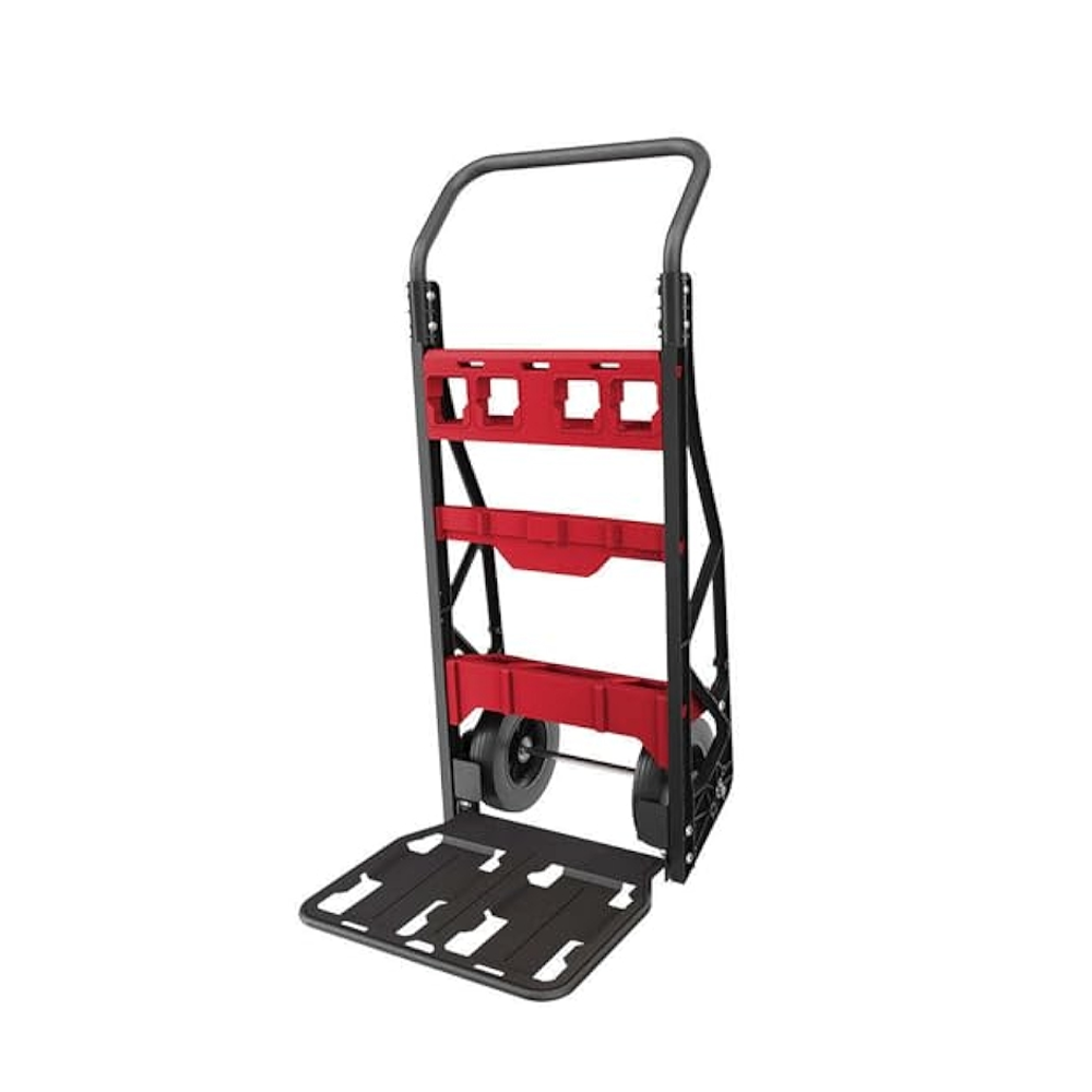 Milwaukee PACKOUT rolling cart with a heavy-duty frame, large wheels, foldable base, and integrated storage slots.