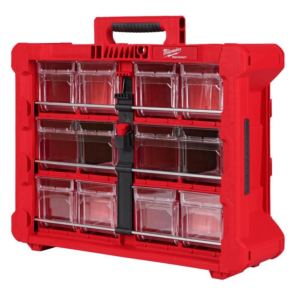 Milwaukee organizer case with clear front drawers, red frame, black central latch, and top carry handle