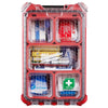 Milwaukee Packout case with clear lid, red frame, and six internal compartments filled with organized first aid items