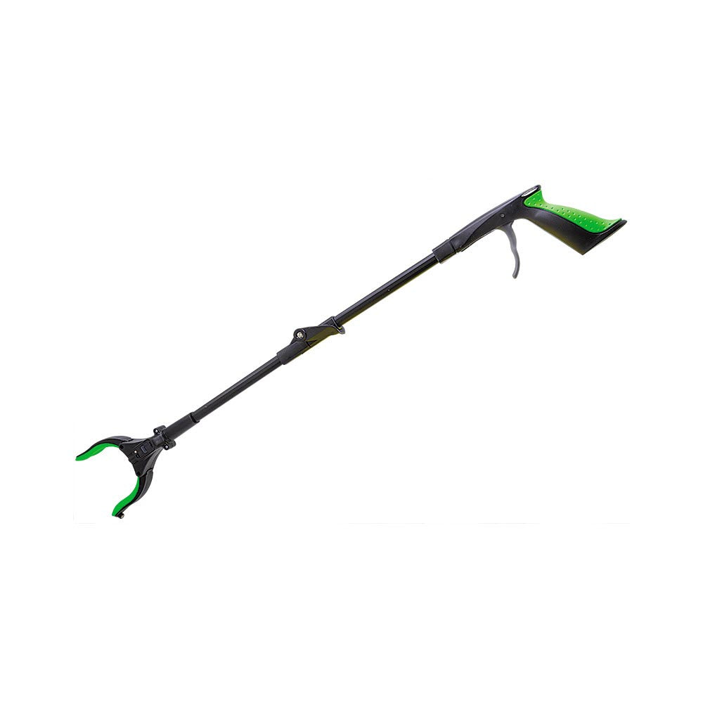 Extended reach tool with black shaft, pistol-style handle, and curved dual-tip claw featuring green grips