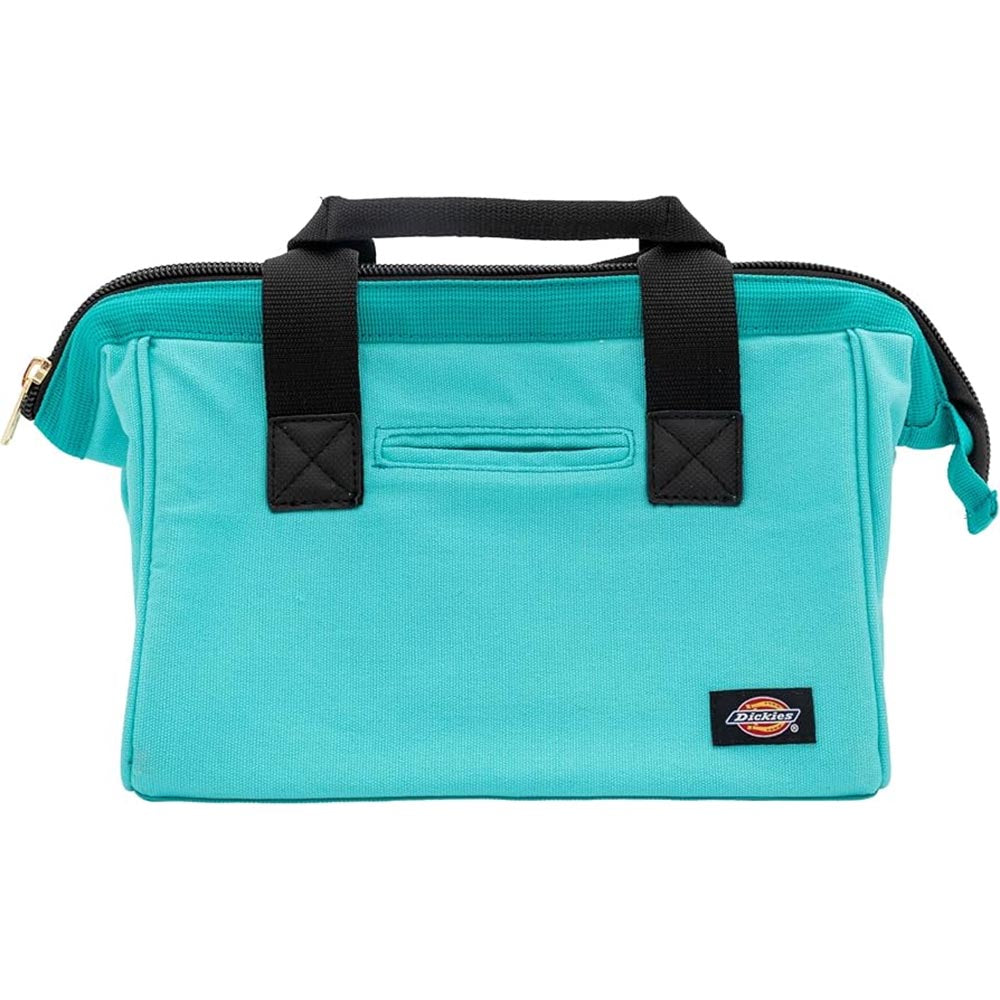 Dickies Teal fabric tool bag with structured rectangular shape, reinforced black handles and stitched front slot