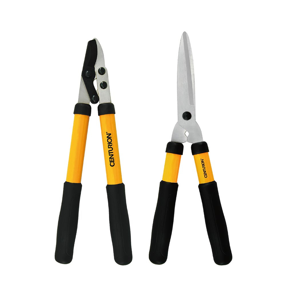 Centurion garden tool set with bypass lopper and hedge shears, both with yellow handles and black grips.