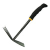 Garden hand tool featuring a dual-sided design with a fork and hoe, black handle with a yellow accent.