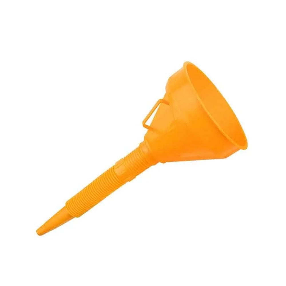 Plastic funnel with wide conical top, long ribbed spout, and built-in side handle molded into the midsection