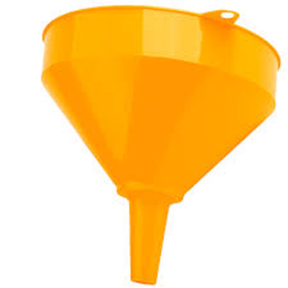 Large plastic funnel with a wide-mouthed top and a tapered spout, designed with a hanging tab on the rim.