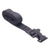Flat woven strap with looped coil and durable buckle secured to reinforced end stitching for strength