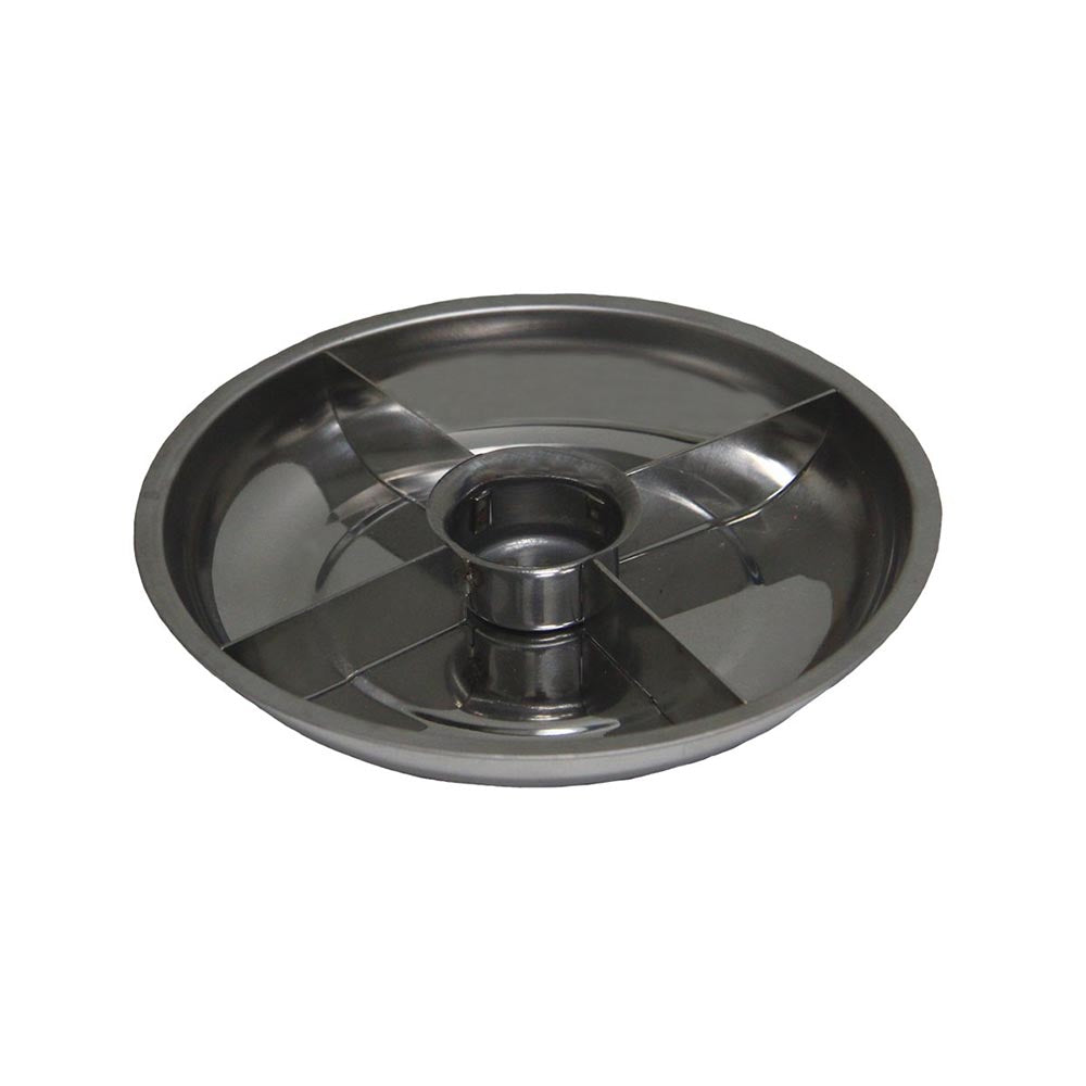 Stainless steel circular tray featuring four interior dividers and a raised center hub for added structure.