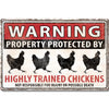 Humorous warning sign featuring silhouettes of four chickens, with bold text reading "Property Protected by Highly Trained Chickens."