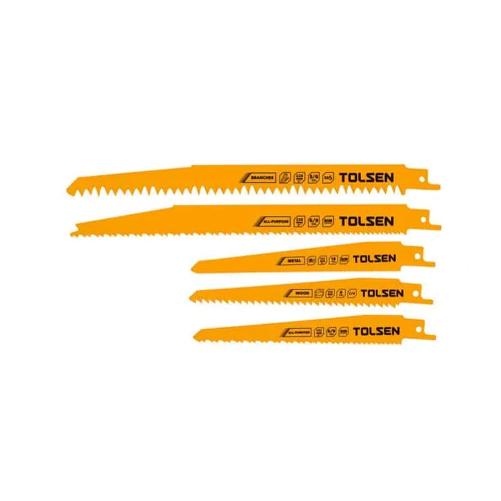Set of Tolsen reciprocating saw blades in varying lengths with bold orange finish and labeled uses