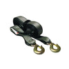 Coiled towing strap with reinforced black edges and two attached metal hooks featuring safety latches