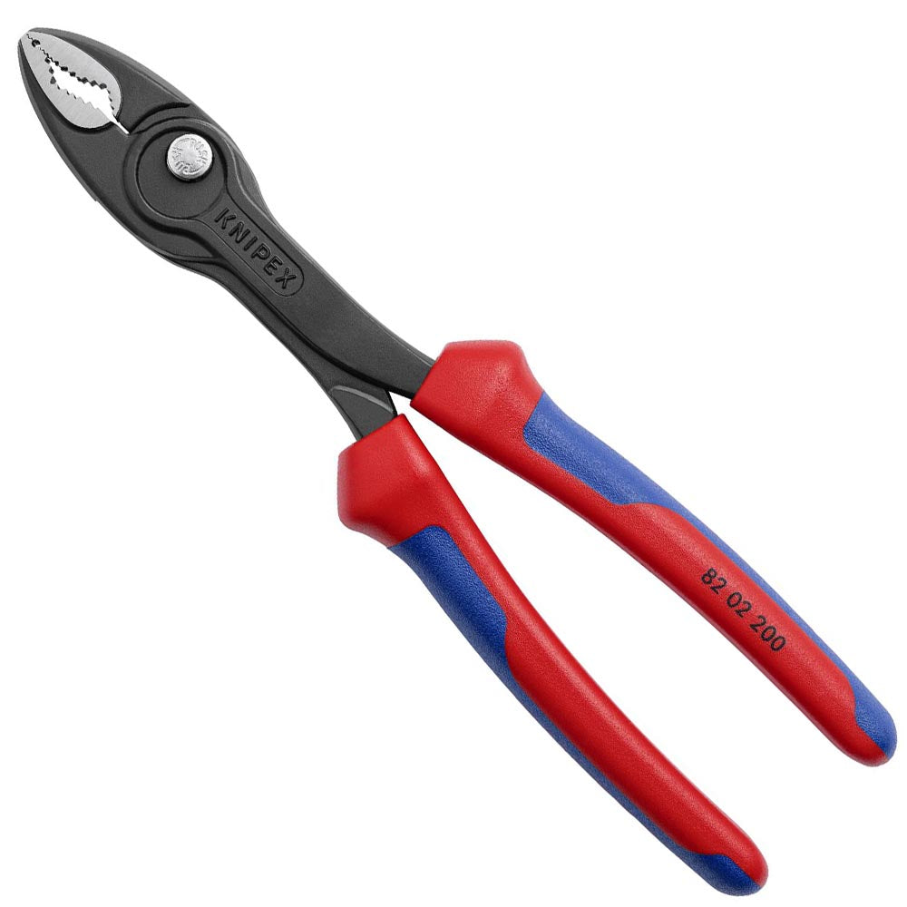 Knipex pliers with a black steel body and red and blue ergonomic handles, featuring serrated jaws.