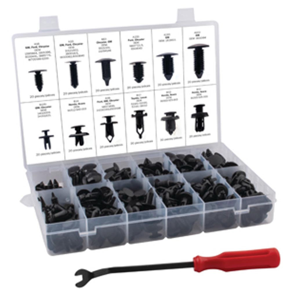 Assorted fastener kit in a plastic organizer box, containing various black clips and a red-handled removal tool.