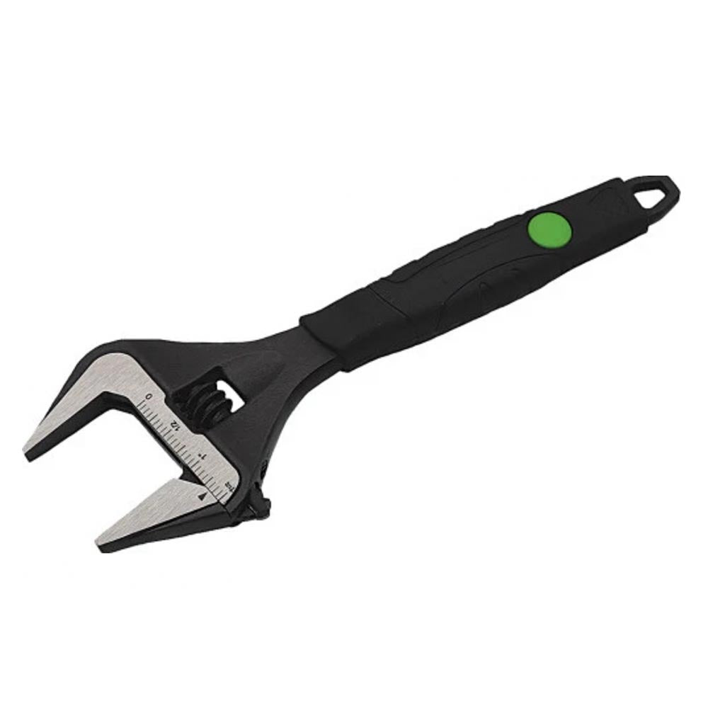Adjustable wrench with wide steel jaws, built-in measurement scale, and black rubberized grip handle